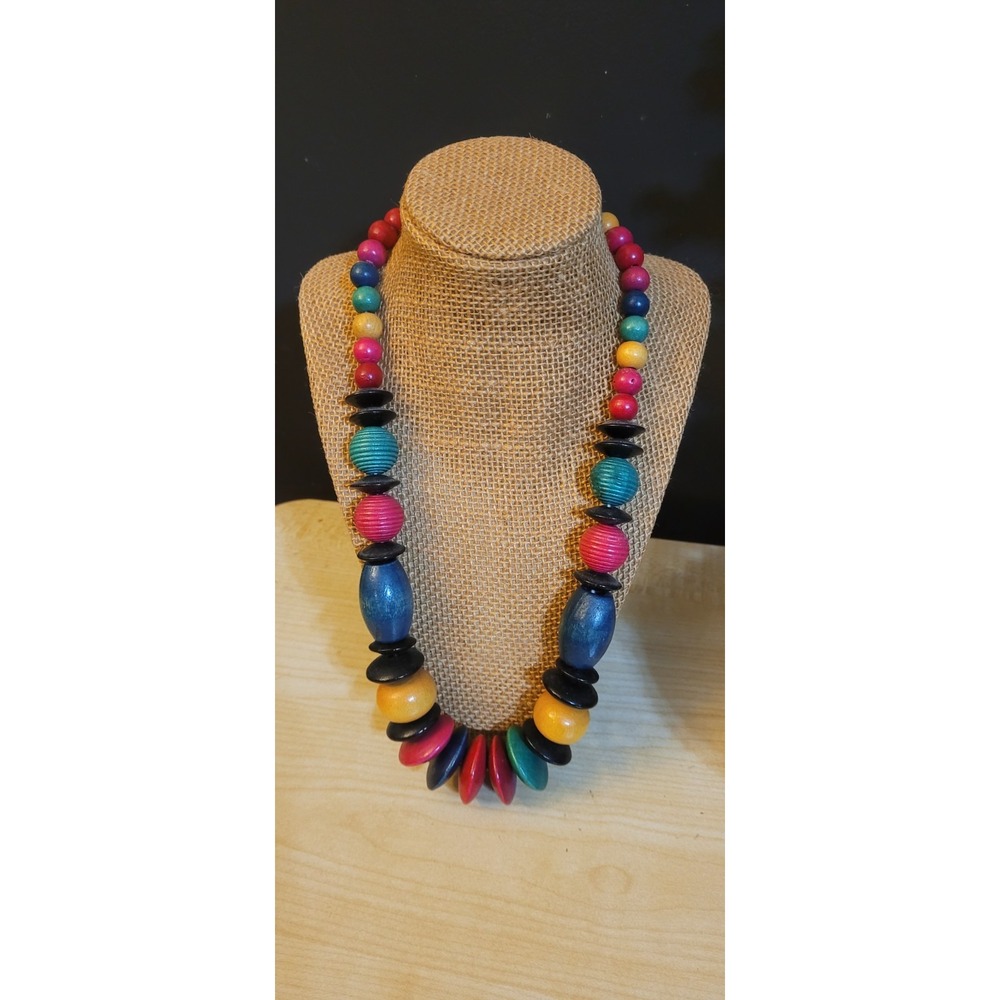 Vintage Wood Disc Necklace Chunky Statement Beads Boho Jewelry-rainbow Fruity
